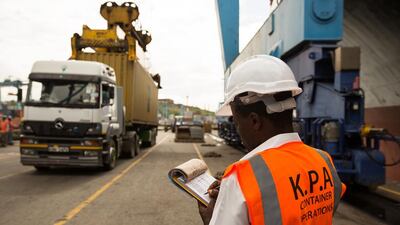A dock worker for the Kenya Ports Authority Mombasa. Many shipments arrive at the port from staging grounds in the UAE. Trevor Snapp / Bloomberg