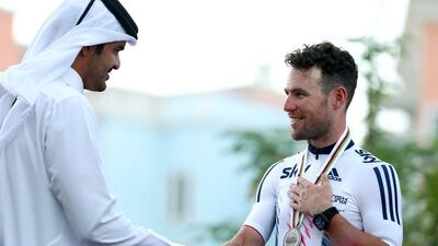 Mark Cavendish of Great Britain receives his silver medal after finishing second in the Elite Men's Road Race on day eight of the UCI Road World Championships on October 16, 2016 in Doha, Qatar. Bryn Lennon / Getty Images