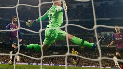Barcelona goalkeeper Marc-Andre ter Stegen spreads himself to make a save. AP