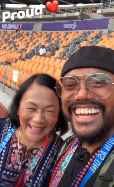 Filipino rapper and Black Eyed Pea band member Allan Pineda Lindo, better known as apl.de.ap, with his mother ahead of the closing ceremony of the SEA Games. Instagram