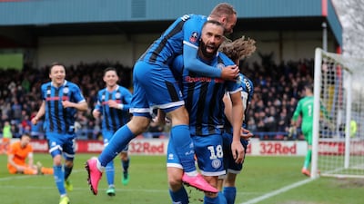 Rochdale's Aaron Wilbraham celebrates scoring in the FA Cup. PA