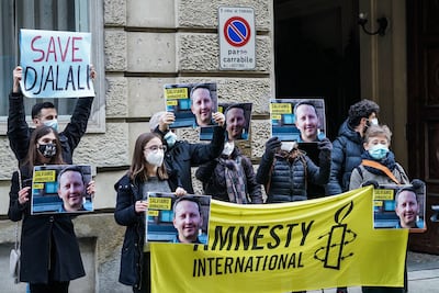Amnesty International protesters demonstrate against the death penalty in Iran for Ahmadreza Jalali, in Turin, Italy. EPA