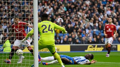 Brighton & Hove Albion's Danny Welbeck scores their first goal. Reuters