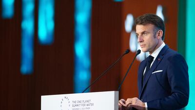 French President Emmanuel Macron participates in the One Water Summit in Riyadh, Saudi Arabia, Tuesday, December 3, 2024. Saudi Royal Palace / AP