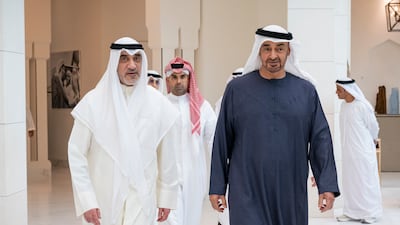 President Sheikh Mohamed receives Sheikh Fahad Yusuf Al Sabah, First Deputy Prime Minister, Minister of Defence and Minister of Interior of Kuwait, at Qasr Al Shati in Abu Dhabi. Photo: UAE Presidential Court
