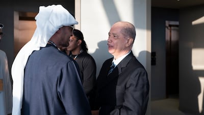 Sheikh Mohamed welcomes James Michel, former president of the Seychelles, at Yas Marina Circuit. Hamad Al Kaabi / Presidential Court