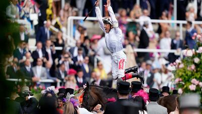 Frankie Dettori celebrates after riding Advertise to win The Commonwealth Cup on day four of Royal Ascot at Ascot Racecourse in Ascot, England. Getty Images