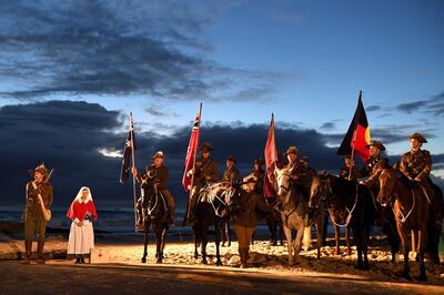 Australian military veterans participate in the Anzac Day dawn service on the Gold Coast, Australia, in 2018. AP