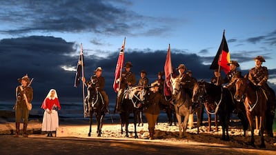 Australian military veterans participate in the Anzac Day dawn service on the Gold Coast, Australia, in 2018. AP