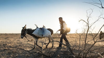 Paul Salopek walking 400 kilometres across the remote Kyzyl Kum desert of Uzbekistan en route to China. Courtesy John Stanmeyer / National Geographic