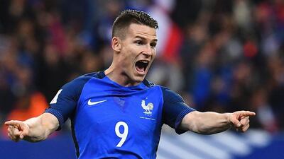 France's Kevin Gameiro celebrates a goal against Bulgaria on Friday. Franck Fife / AFP / October 7, 2016