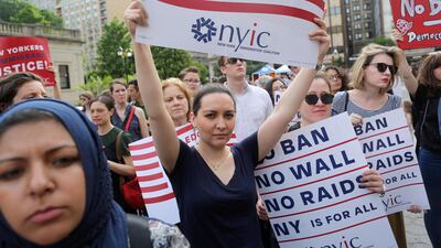 Protesters oppose US President Donald Trump's limited travel ban, approved by the US Supreme Court, in New York City, on June 29, 2017. Joe Penney/ Reuters