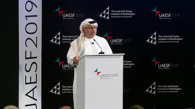 Dr Anwar Gargash, UAE Minister of State for Foreign Affairs, speaking at the UAE Security Forum 2019: Reshaping the Future of the Horn of Africa, at NYUAD. (Reem Mohammed / The National