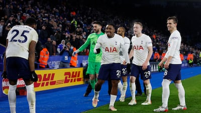 Steven Bergwijn celebrates with Tottenham teammates after scoring the winning goal against Leicester City at the King Power Stadium on Wednesday, January 19, 2022. Reuters