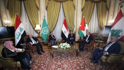 Left to right, Saudi Minister of Foreign Affairs Faisal bin Farhan, Iraqi Foreign Minister Fuad Hussein, Secretary General of the Arab League Ahmed Aboul Gheit, Egyptian Foreign Minister Sameh Shoukry, Jordanian Foreign Minister Ayman Safadi, and Lebanese Foreign minister Abdullah Bou Habib at the Ministry of Foreign Affairs in Cairo. EPA