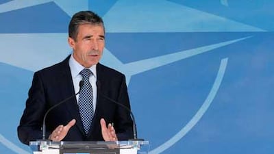 Nato Secretary General Anders Fogh Rasmussen briefs the media after a meeting of the North Atlantic Council at the Alliance headquarters in Brussels.
