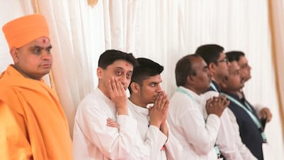 The shilanyas vidhi of the first traditional Hindu temple in the UAE is performed in the holy presence of His Holiness Mahant Swami Maharaj, the spiritual leader of BAPS Swaminarayan Sanstha.