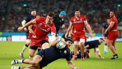 George Turner of Scotland scores his team's fifth try during the Rugby World Cup 2019 Group A game between Scotland and Russia at Shizuoka Stadium Ecopa in Fukuroi, Shizuoka, Japan. Getty Images