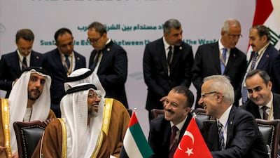 UAE Energy Minister Suhail Mohamed Al Mazrouei and Turkey's Transport Minister Abdulkadir Uraloglu at the signing of the Development Road framework agreement in Baghdad in April. EPA