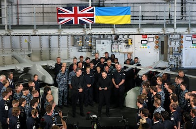 British Prime Minister Andy Burnham and Ukrainian President Volodymyr Zelenskyy in Portsmouth. EPA