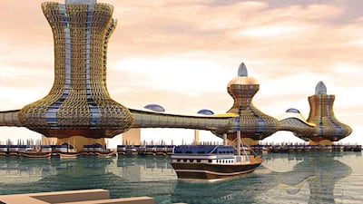 Aladdin City. Are they coffee pots, incense burners or perfume bottles? No project sums up Dubai’s chutzpah quite like the Arabian Nights/Sindbad-inspired Aladdin City. The project, which features three towers connected by bridges, will spread across 450 metres of Dubai Creek. Courtesy Dubai Municipality