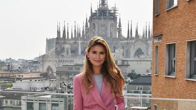 Digital fashion entrepreneur Miroslava Duma was spotted in a pink trouser suit in Milan, Italy. Stefania D’Alessandro / Getty Images for Rene Caovilla
