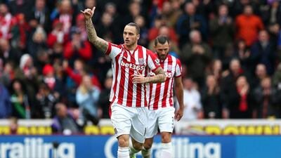 Marko Arnautovic of Stoke City celebrates scoring his team’s first goal during the Premier League match between Stoke City and Southampton at Britannia Stadium on March 12, 2016 in Stoke on Trent, England. (Photo by Alex Morton/Getty Images)