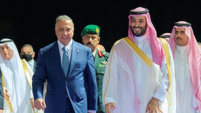 Saudi Crown Prince Mohammed bin Salman receives Iraqi Prime Minister Mustafa Al Kadhimi in Jeddah, Saudi Arabia. SPA