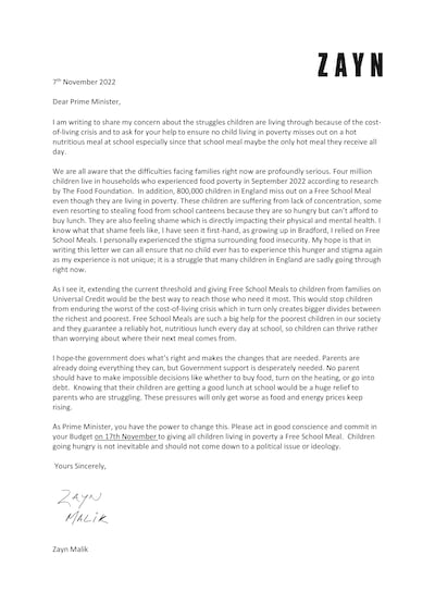 A letter issued by The Food Foundation, written by former One Direction star Zayn Malik to Prime Minister Rishi Sunak. Photo: The Food Foundation