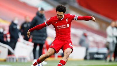 Trent Alexander-Arnold of Liverpool crosses the ball during the Premier League match against Fulham at Anfield on March 7. Getty