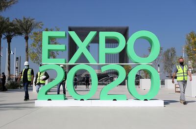 Thermal cameras and hand sanitiser stations installed at the Dubai Expo 2020 site. Pawan Singh / The National