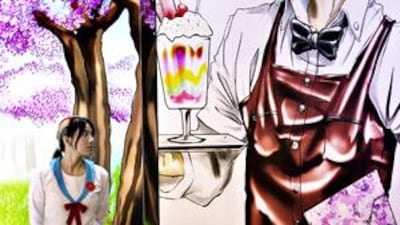 A painting of character Kazushi, a waiter created by the restaurant owner Sultan Qassim al Banna, adorns the dining-room wall of Dubai's Manga Sushi.