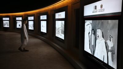 The nation’s Founder is celebrated at Sheikh Zayed Grand Mosque with a gallery of photos recalling highlights from his life. Delores Johnson / The National