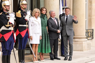 From left, France's first lady, Brigitte Macron; Queen Rania; King Abdullah II of Jordan; and France's President Emmanuel Macron at Paris's Elysee Palace. EPA
