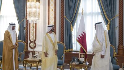 Sheikh Mohammed bin Rashid and Sheikh Mohammed bin Zayed offer condolences to Sheikh Hamad bin Khalifa Al Thani (R) on the passing of his father Sheikh Khalifa bin Hamad Al Thani. Mohamed Al Hammadi / Crown Prince Court - Abu Dhabi