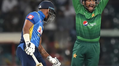 Danushka Gunathilaka is caught behind by Sarfaraz Ahmed. AFP