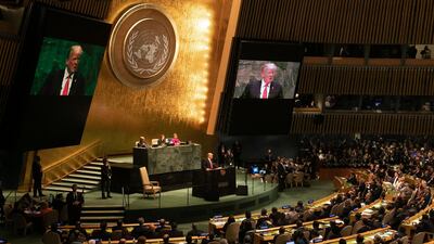 US President Donald Trump speaks during the UN General Assembly meeting in New York, U.S., on Tuesday, Sept. 25, 2018. Bloomberg