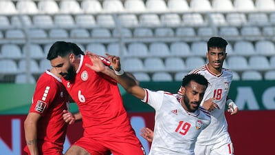 Lebanon's Mohammed Dhaini and UAE midfielder Tahnoon Al Zaabi. AFP