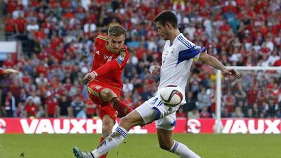 Wales' Aaron Ramsey attempts a shot on goal against Israel on Sunday during their Euro 2016 qualifying match. Andrew Boyers / Action Images / Reuters / September 6, 2015