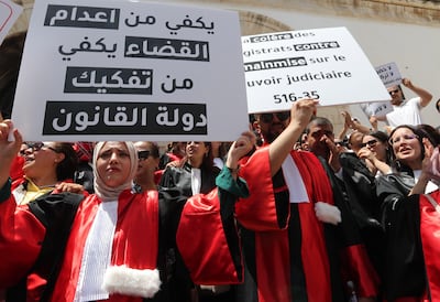 Tunisian judges protest against the dismissal of 57 magistrates in 2022. EPA