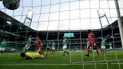Kai Havertz (not pictured) of Leverkusen scores his team's 2nd goal during the German Bundesliga soccer match between Werder Bremen and Bayer Leverkusen 04 in Bremen, Germany. AP Photo