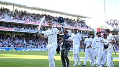 England captain Joe Root leaves the field at stumps after making 180 runs during day three of the second Test against India at Lord's on Saturday, August 14, 2021.