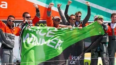 Franck Cammas, left, and his Groupama crew are a step closer to an overall win in the Volvo Ocean Race after taking the in-port race at their home port of Bretagne. The final leg of the round-the-world event starts Sunday when the fleet heads to Galway, Ireland.
