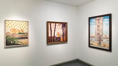 Pieces by Emirati artist Obaid Suroor, who incorporates traditional textile patterns into his work