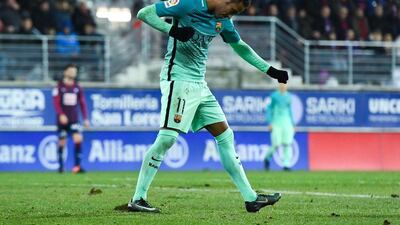 Neymar celebrates after scoring Barcelona’s fourth goal. David Ramos / Getty Images
