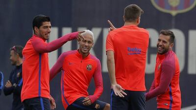 From left: Barcelona players Luis Suarez, Neymar, Gerard Pique, and Jordi Alba attend a training session at the Sports Center FC Barcelona Joan Gamper in Sant Joan Despi, Spain, Tuesday, September 20, 2016. Manu Fernandez / AP Photo
