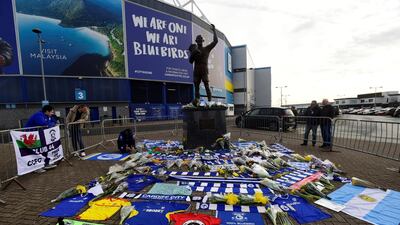 Tributes are left outside the Cardiff City Stadium for Sala in Cardiff, Britain. Reuters