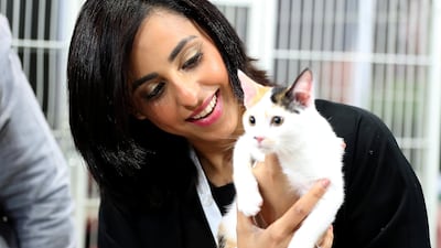 Afra Al Dhaheri, owner of the Cloud 9 Pet Hotel in Abu Dhabi, holds one of the cats in her 'matchmaking' service at Adihex. Pawan Singh / The National