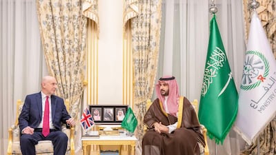 UK Defence Secretary John Healey meets Saudi Defence Minister Prince Khalid bin Salman on Monday. Photo: Saudi Defence Ministry