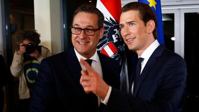 Head of the Freedom Party (FPOe) Heinz-Christian Strache (L) and head of the People's Party (OeVP) Sebastian Kurz shake hands. REUTERS/Leonhard Foeger